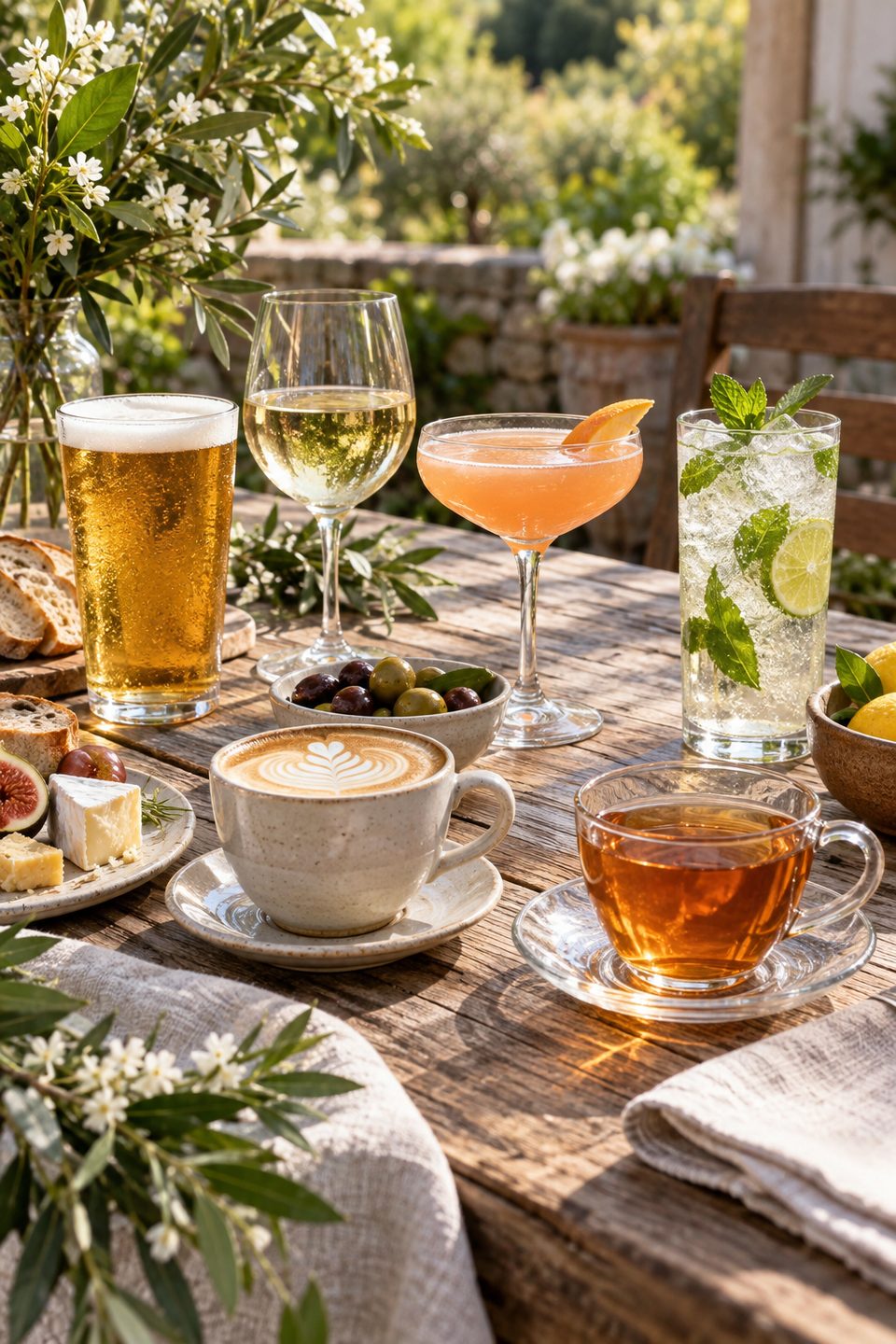 Tea, coffee, beer, wine, a citrus cocktail and a mint-and-lime drink together on a sunlit table.